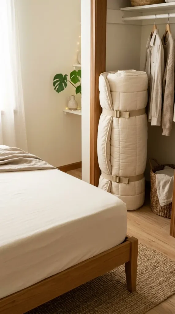 13 Late Summer Bedroom Textile Swap Declutter Refresh 12 12. Padded Winter Mattress Topper Rolled Away