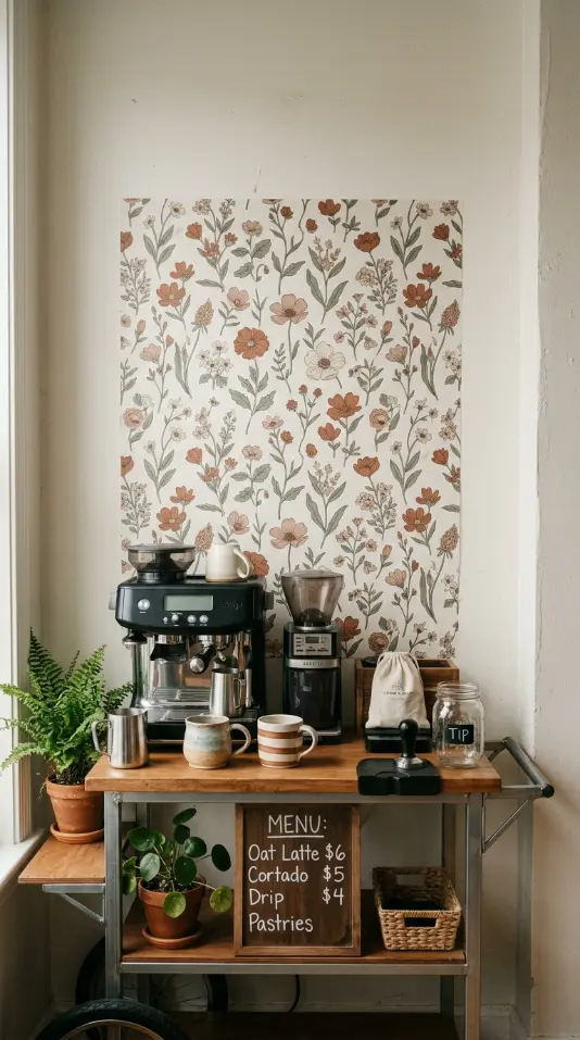 17 Small Space Eclectic Coffee Corner Ideas for Renters 12 12. Peel and Stick Wallpaper Behind a Small Corner