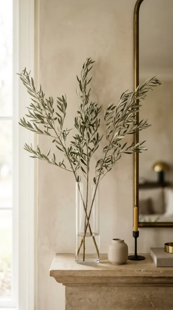 14 Fall Mantel Decor Ideas for a Quiet Luxury Neutral Look 12 12. Preserved Olive Branches in a Slim Glass Cylinder