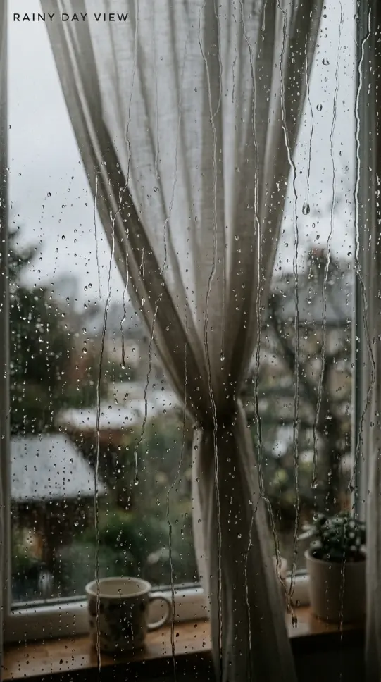 14 Curtained Window Reading Nook Soft Dreamy Corner Ideas 12 12. Raindrops Tracing Down the Window Glass