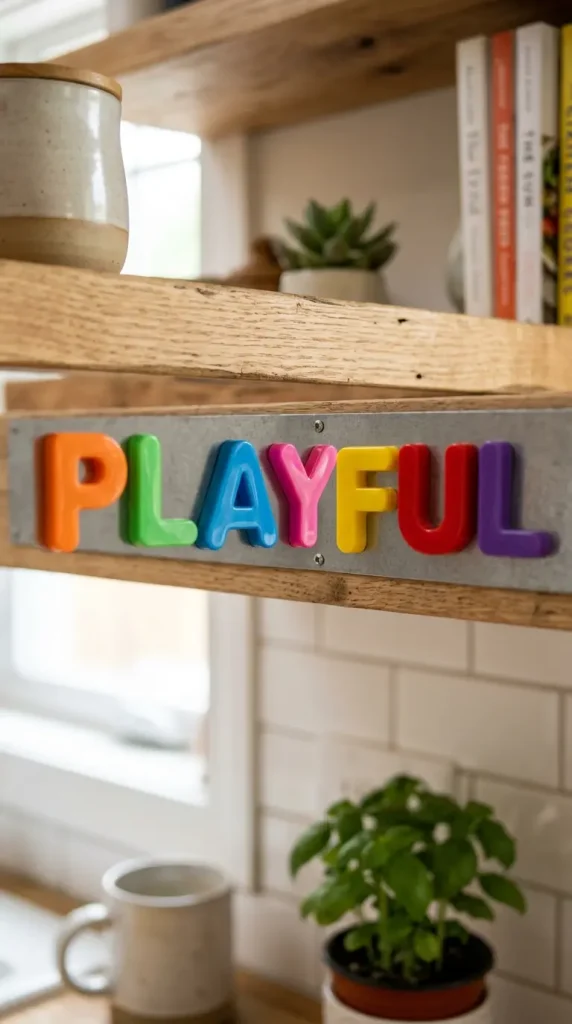 15 Nostalgic Open Shelf Dopamine Kitchen Display Ideas 12 12. Retro Alphabet Magnets Lined on a Shelf Mounted Tin Strip