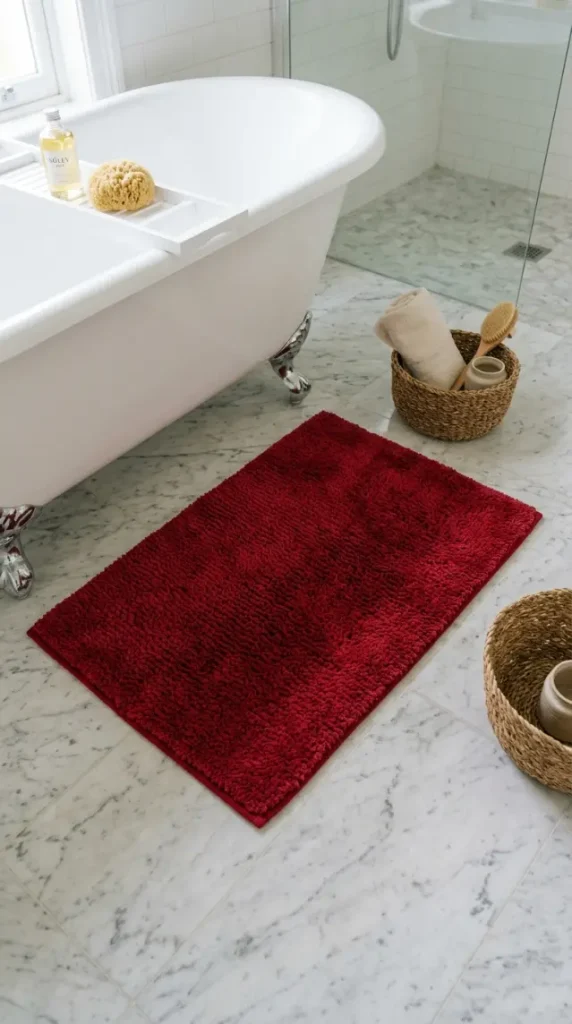 18 Jewel Tone Bathroom Ideas for a Luxurious Space 12 12. Ruby Red Bath Mat on Marble Flooring
