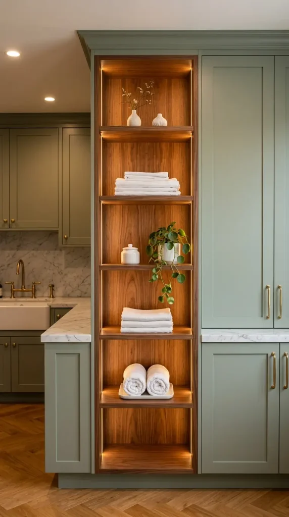 20 Luxury Laundry Room Ideas Sage Green Walnut Warm Style 12 12. Sage Green and Walnut Laundry With Linen Storage Tower