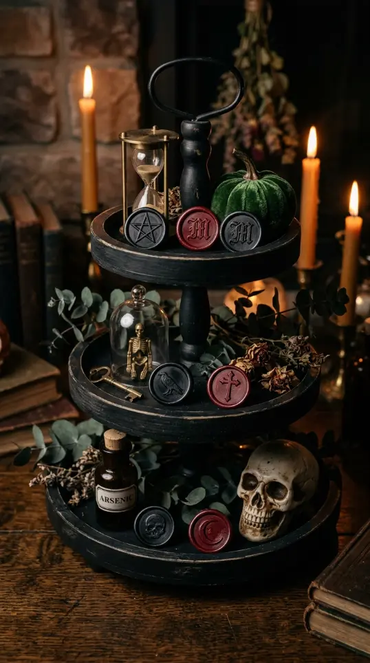 15 Halloween Tiered Tray Ideas Elegant Dark Moody Style 12 12. Scattered Black Wax Seals as a Connective Detail