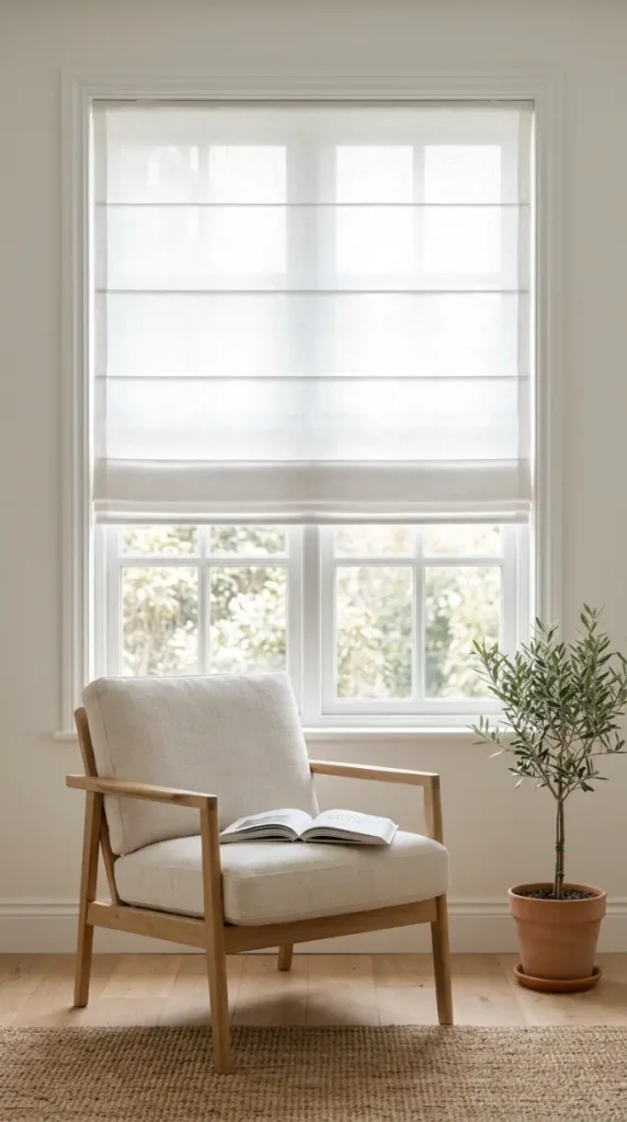 18 Small Reading Nook Cozy Corner Nordic Airy Minimal 12 12. Sheer White Roman Shade