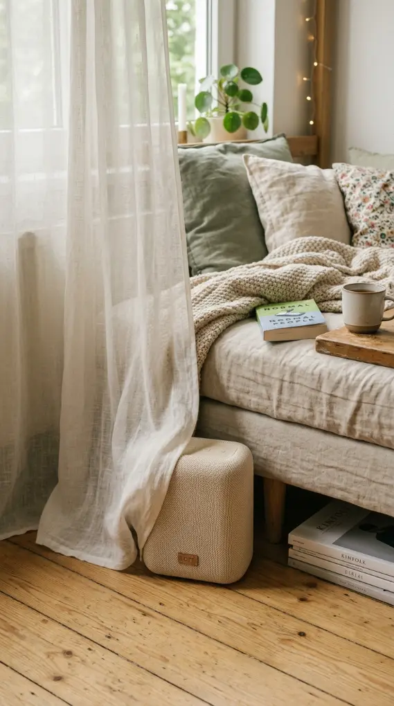 18 Romanticizing My Room Small Space Sheer Drapery Ideas 12 12. Small Bluetooth Speaker Tucked Beside the Bed