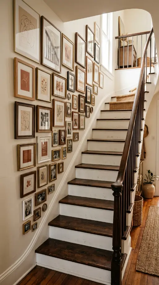 13 Small Thrifted Gallery Wall Ideas for Staircases 12 12. Small Frames Stepping Down in Size Toward the Bottom Stair