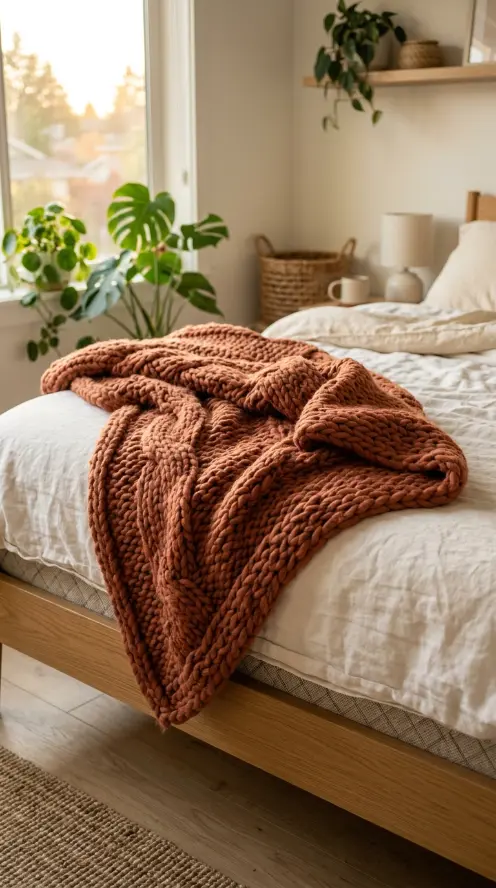 13 Golden Hour Bedroom Aesthetic Evening Ritual Corner Ideas 12 12. Soft Knit Blanket Folded at the Foot of the Bed