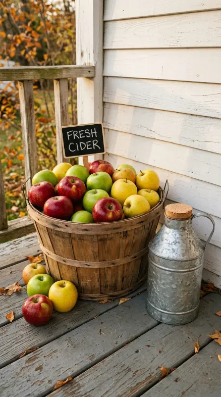 13 Outdoor Halloween Display Farmhouse Harvest Porch Style 12 12. The Apple Basket and Cider Jug Arrangement