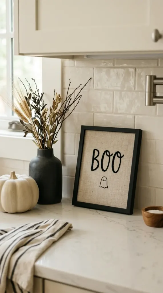 15 Chic Neutral Halloween Decor Kitchen Counter Style 12 12. The BOO Typography Sign in Neutral Finish