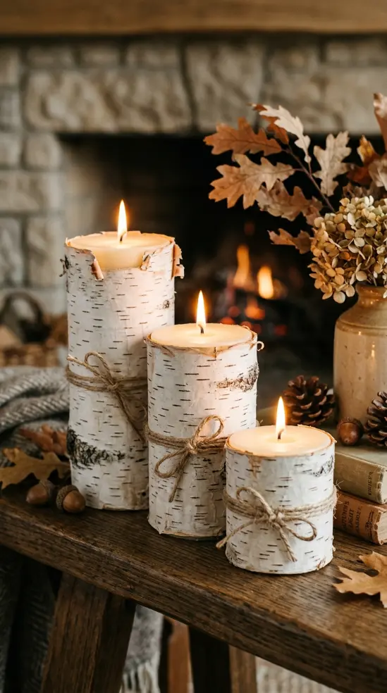 15 Fall Mantel Decor Ideas for a Botanical Nature Inspired Look 12 12. The Bark-Wrapped Candle Cluster
