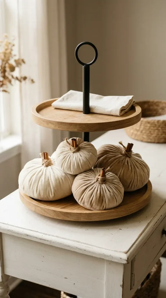 13 Neutral Fall Decor Ideas for Tiered Tray Vignette Style 12 12. The Cream Velvet Fabric Pumpkin Tier