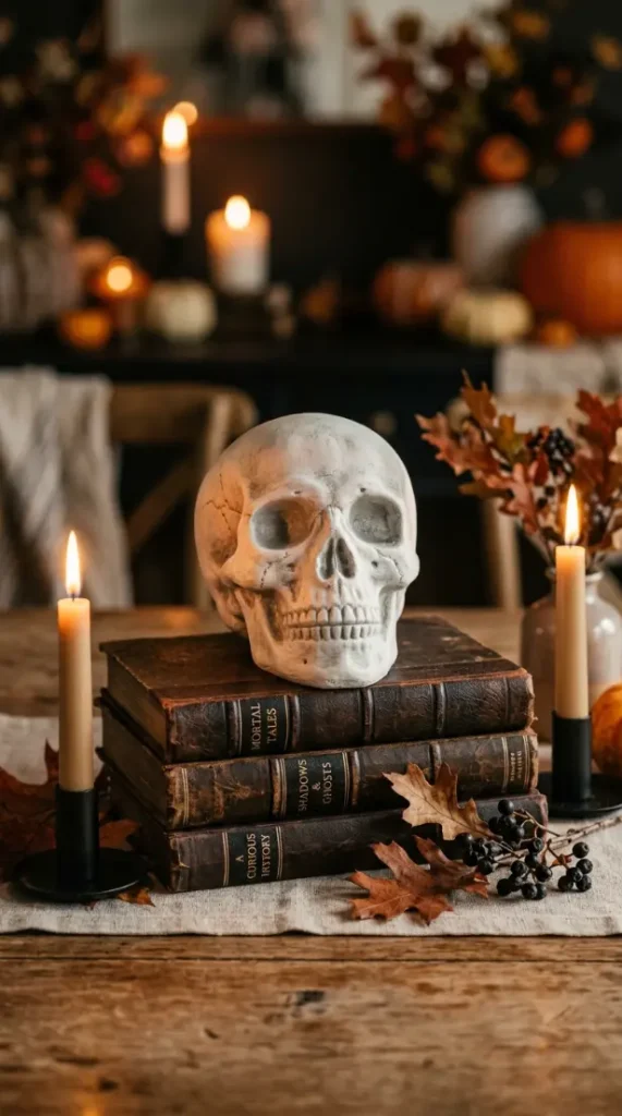 15 Dollar Tree Halloween Decor Window and Table Vignette Style 12 12. The Dollar Tree Skull and Candle Book Stack