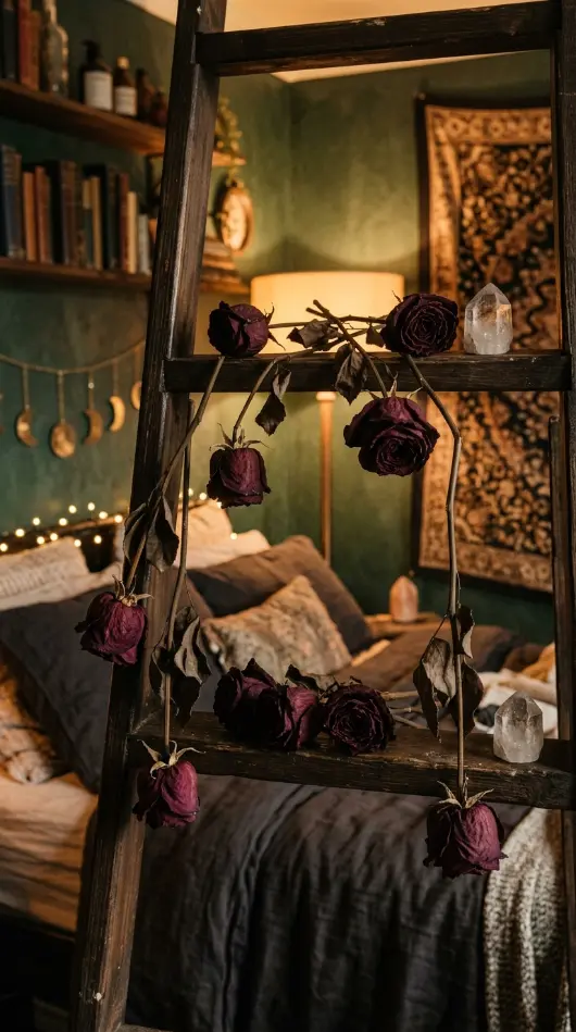 13 Cozy Halloween Decor Witchy Bedroom Corner Style 12 12. The Dried Rose Garland or Stem Display