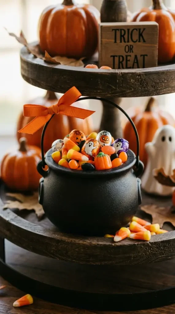 16 Cute Halloween Tiered Tray Black and Orange Classic Style 12 12. The Mini Cauldron with Candy Filler