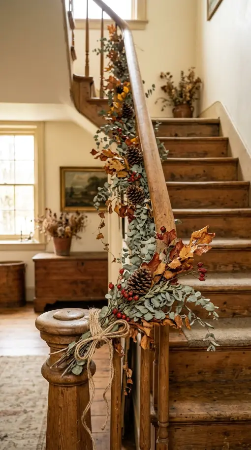 13 Rustic Fall Decorating Front Porch and Entryway Style 12 12. The Rustic Staircase Railing Garland