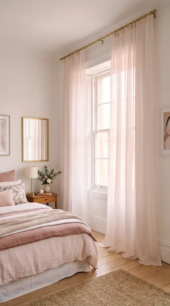 24 Apartment Bedroom Decor Pastel Dreamy Feminine Style 12 12. The Sheer Floor-to-Ceiling Curtains