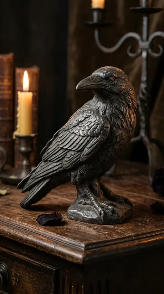 14 Neutral Halloween Decor Gothic Console Table Style 12 12. The Small Iron Raven Sculpture