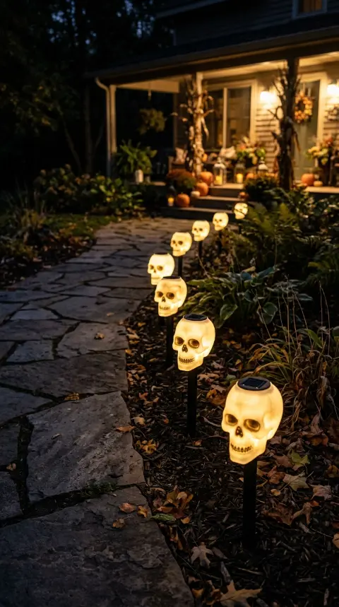 16 Outdoor Halloween Decorations Light-Up Pathway Night Style 12 12. The Solar Skull Pathway Stake Line