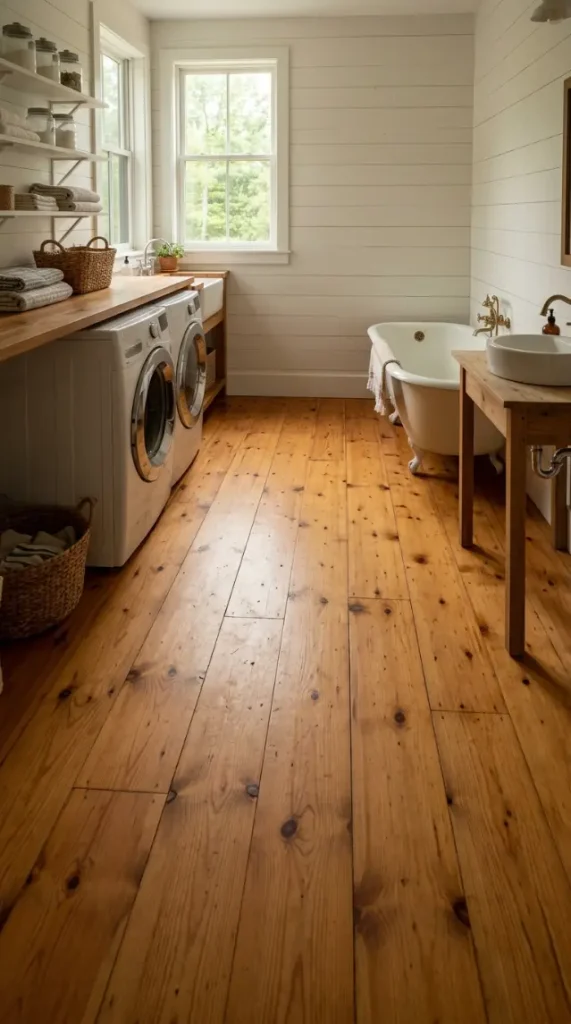 14 Laundry Room Bathroom Combo Warm Neutral Farmhouse Style 12 12. The Warm Wide Plank Pine Floor