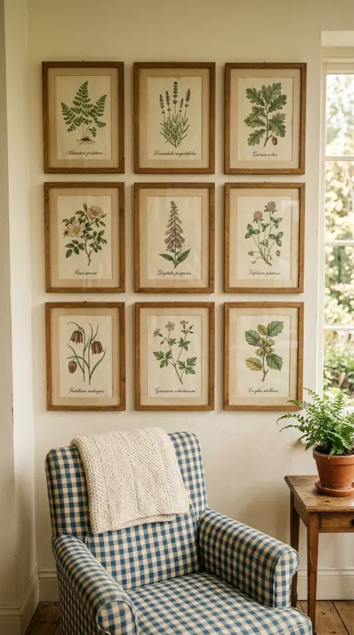 20 Summer Cottagecore Sunroom Gingham Sitting Corner 12 12. Vintage Botanical Prints on the Wall