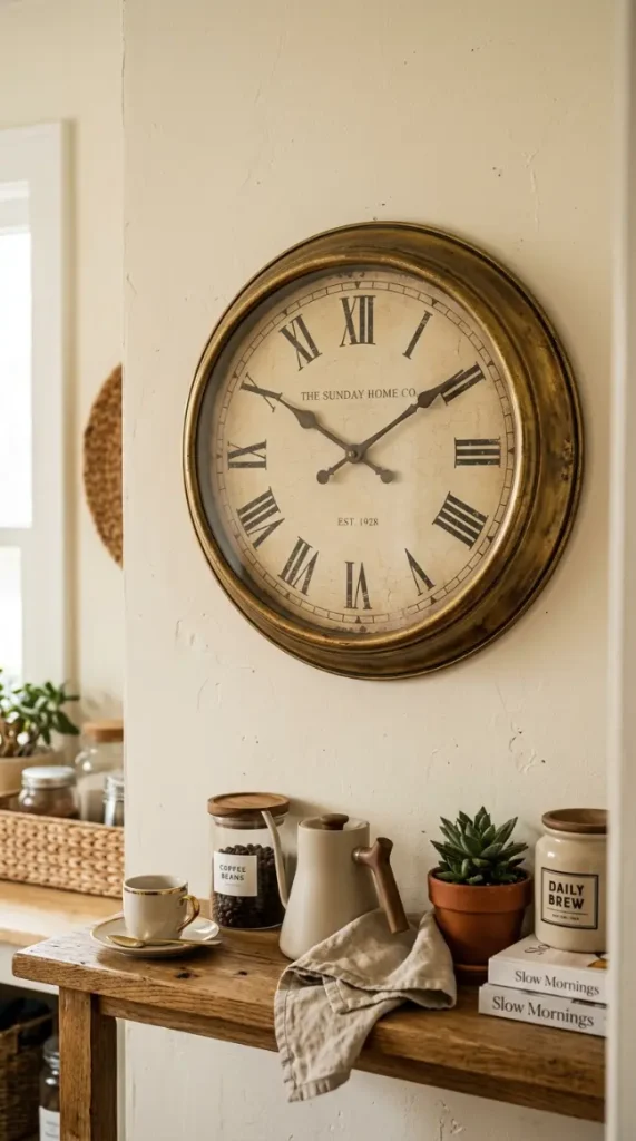 19 Eclectic Coffee Station Ideas With Vintage Charm 12 12. Vintage Wall Clock Above the Station