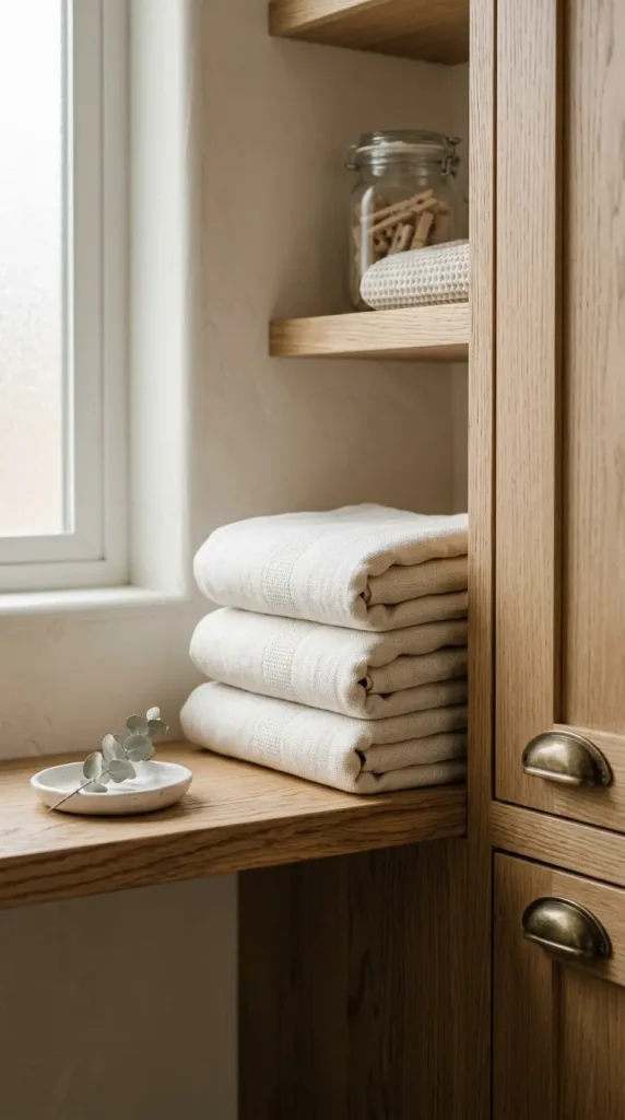 15 Elegant Laundry Room Ideas Warm White Oak Scandinavian Style 12 12. White Linen Hand Towels Folded on the Shelf