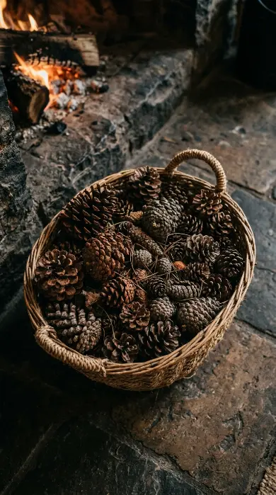 16 Moody Fall Fireplace Ideas for a Cozy Sanctuary 13 13. A Basket of Pinecones Left Unsorted Beside the Hearth