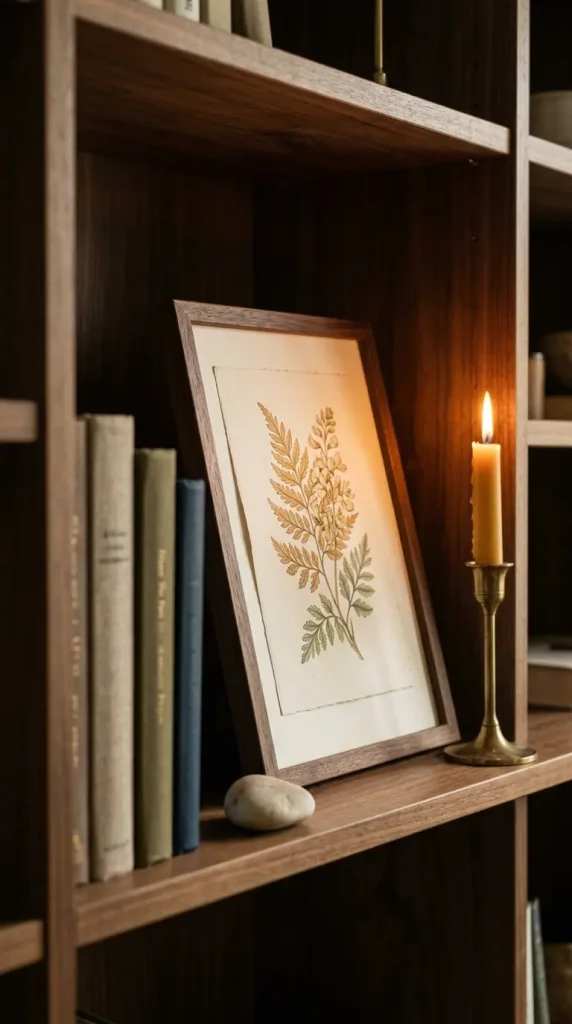 18 Cozy Office Aesthetic Candlelight Bookshelf Warm Style 13 13. A Leaning Framed Print on the Shelf