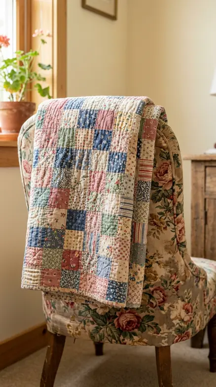 19 Reading Chair in Bedroom Vintage Floral Slipper Corner 13 13. A Quilted Patchwork Throw Folded Over the Back