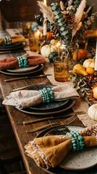 17 Boho Eclectic Centerpiece for Thanksgiving 13 13. A Scatter of Turquoise Beaded Napkin Rings in Mismatched Sizes