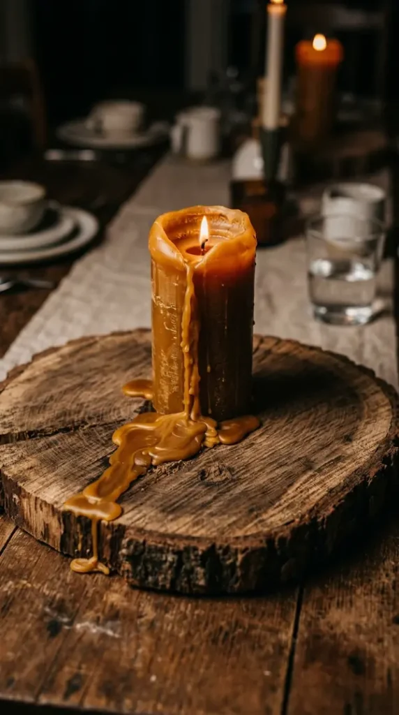 14 Moody Centerpiece Ideas for an Effortless Table 13 13. A Single Dark Candle Melted Directly Onto a Wood Slab