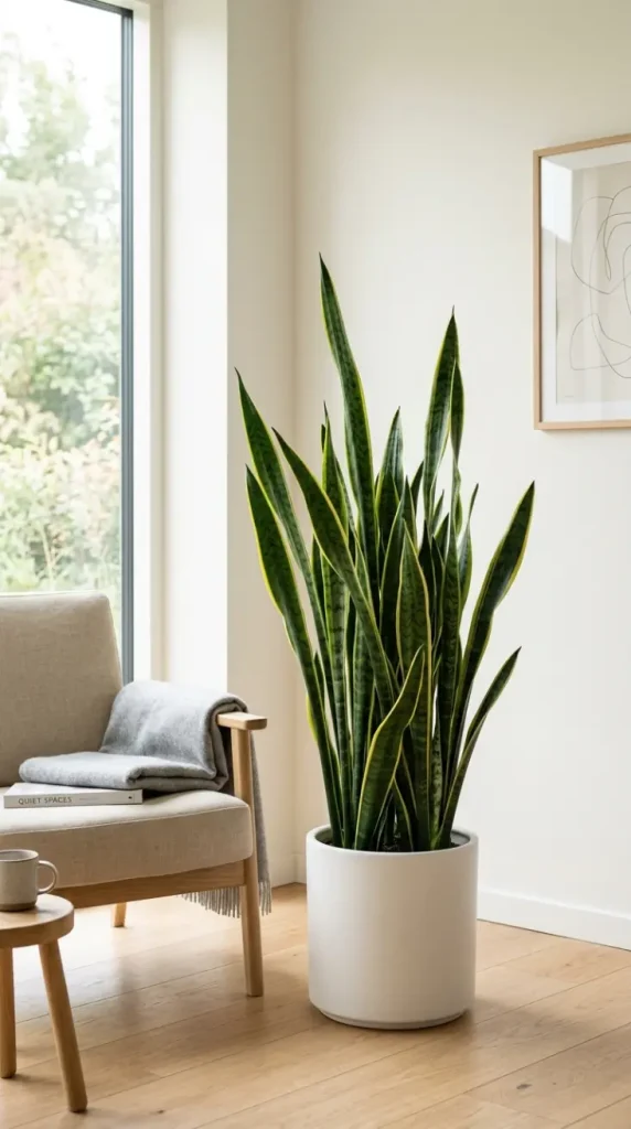 18 Small Reading Nook Cozy Corner Nordic Airy Minimal 13 13. A Single Potted Snake Plant in White Pot
