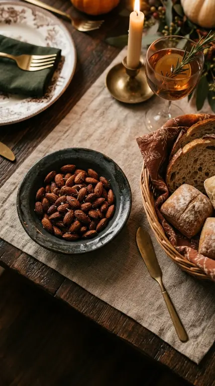 16 Small Moody Thanksgiving Table for Intimate Nights 13 13. A Small Dish of Dark Roasted Almonds Beside the Bread Basket
