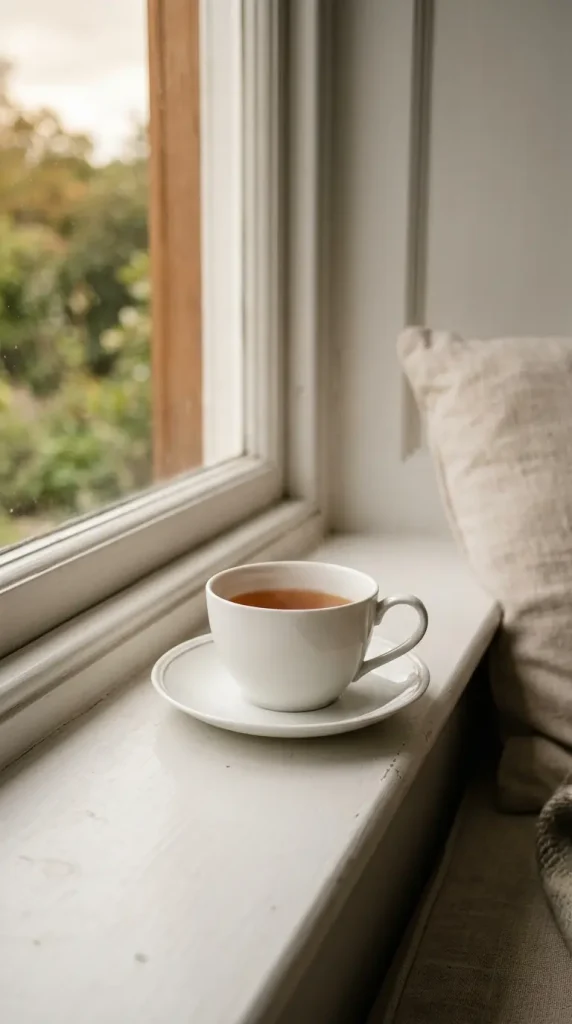17 Cozy Reading Corners Built-In Window Seat Timeless 13 13. A Small Ledge Table With a Teacup and Saucer