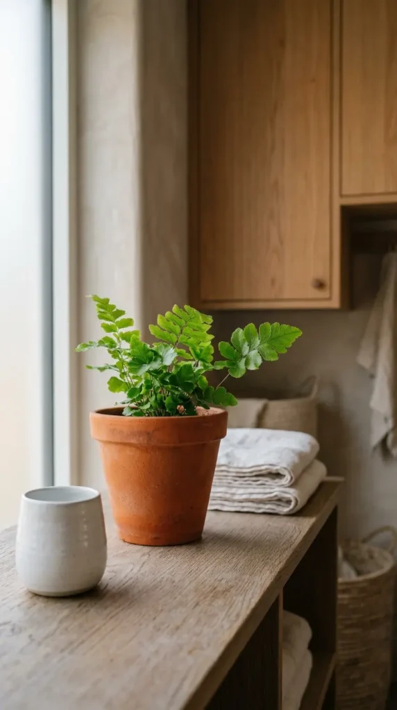 15 Elegant Laundry Room Ideas Warm White Oak Scandinavian Style 13 13. A Small Potted Plant on the Shelf or Worktop