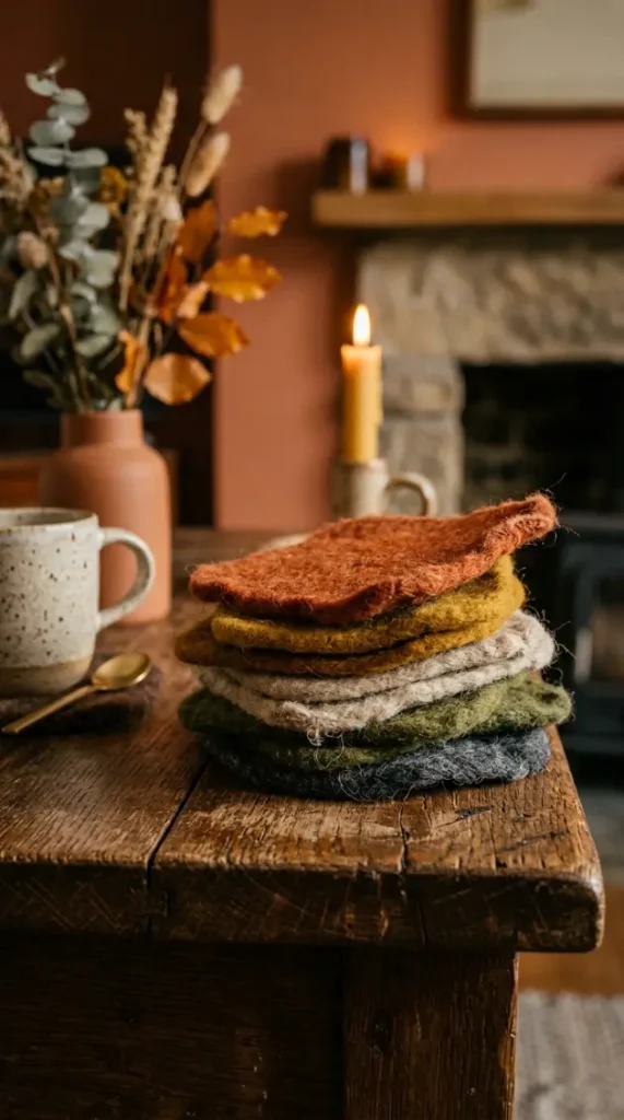 18 Collected Fall Mantel Styling Ideas That Feel Easy 13 13. A Small Stack of Wool Coasters Left Slightly Askew