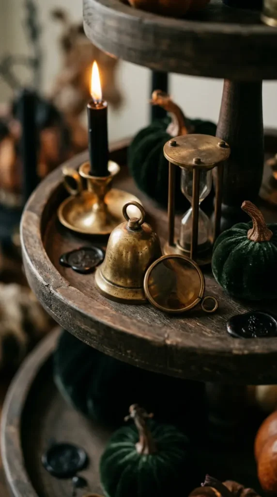 15 Halloween Tiered Tray Ideas Elegant Dark Moody Style 13 13. A Tiny Aged Brass Bell or Occult Instrument