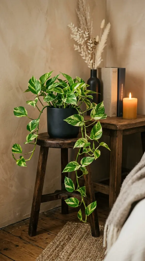 15 Small Space Fall Decorating Ideas Bedroom Corner Style 13 13. A Trailing Plant in a Dark Ceramic Pot on a Stool