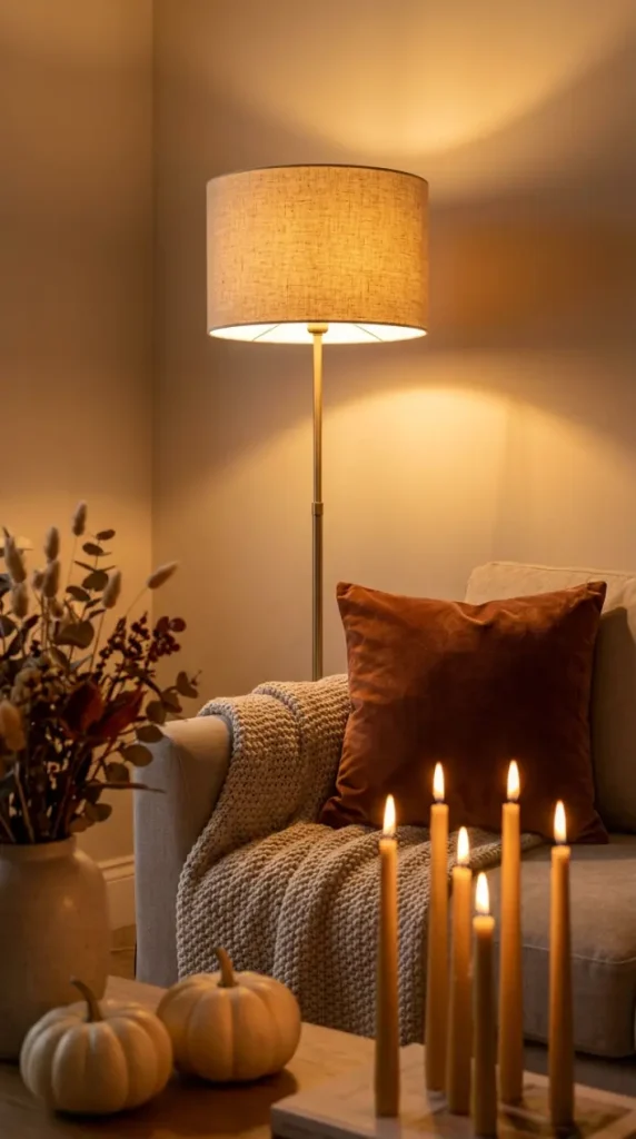 14 Fall Home Decor Ideas Warm Neutral Living Room Style 13 13. A Warm Amber Floor Lamp as the Room's Primary Evening Light