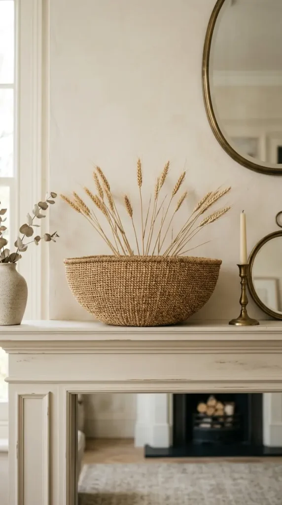 14 Fall Mantel Decor Ideas for a Quiet Luxury Neutral Look 13 13. A Woven Neutral Basket Filled with Dried Wheat