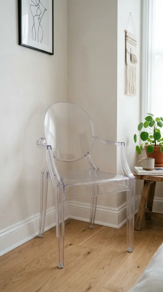 17 Small Bedroom Declutter Ideas for a Spacious Feel 13 13. Acrylic Chair Replacing a Solid Wood Chair