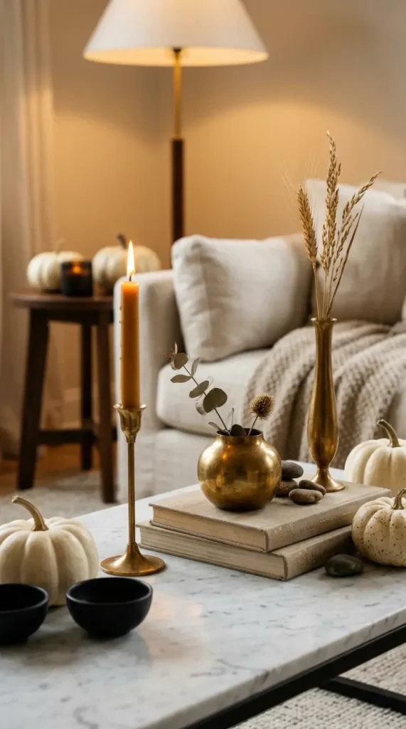14 Chic Neutral Halloween Decor Ideas Living Room Style 13 13. Aged Brass Accents Throughout the Room