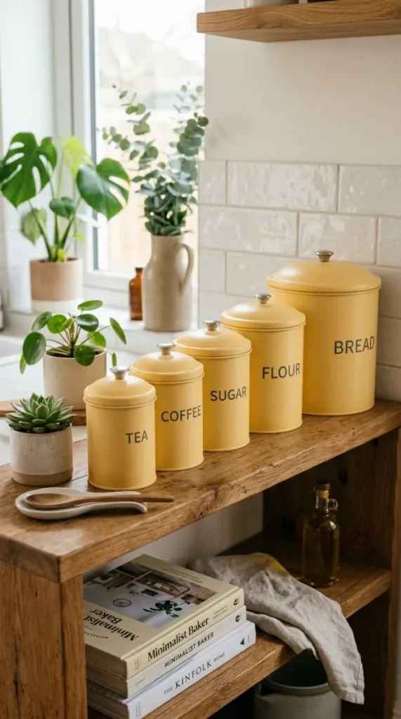 15 Nostalgic Open Shelf Dopamine Kitchen Display Ideas 13 13. Buttercream Yellow Canister Set in Graduated Sizes