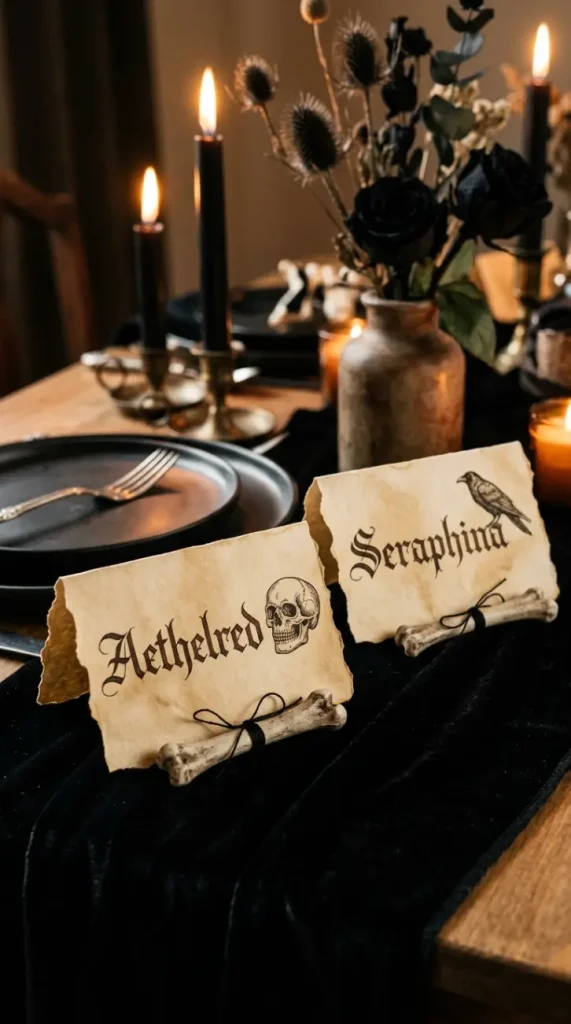 15 DIY Halloween Centerpieces Gothic Candelabra Dinner Table Look 13 13. Create Place Cards From Aged Paper and Gothic Calligraphy
