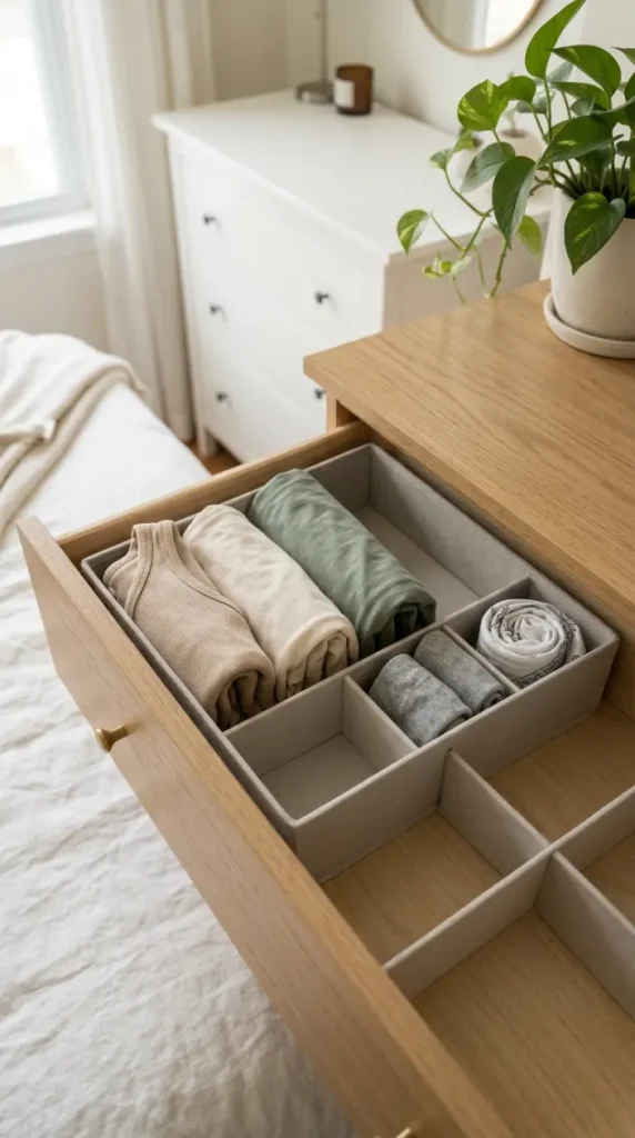 16 Minimalist Bedroom Declutter Ideas for Late Summer 13 13. Drawer Organizer Tray With Folded Clothes Visible