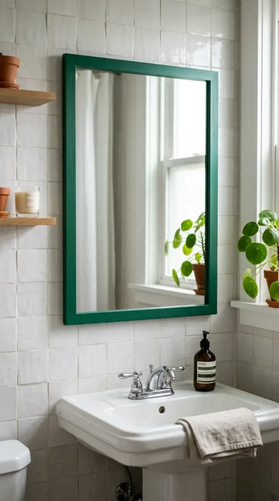 18 Jewel Tone Bathroom Ideas for a Luxurious Space 13 13. Emerald Green Framed Mirror Above the Sink