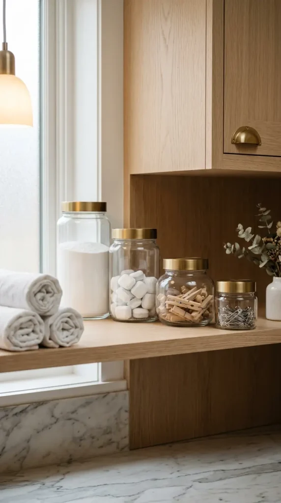 18 Laundry Room Designs Quiet Luxury Marble and Warm Wood Look 13 13. Glass Apothecary Jars With Brass Lids on the Shelving