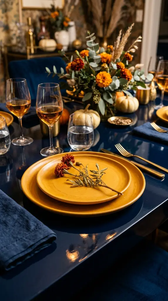 13 Blue and Orange Thanksgiving Table Ideas to Save 13 13. Hollywood Regency Navy Lacquer and Marigold Ceramic