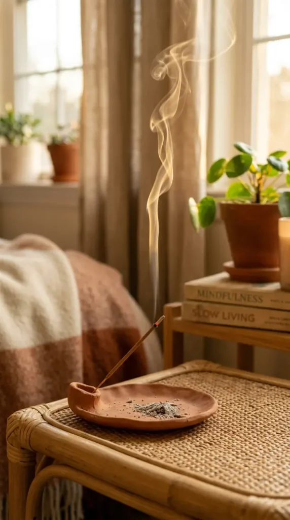 17 Golden Hour Bedroom Aesthetic Boho Floor Cushion Nook Ideas 13 13. Incense Holder With Curling Smoke